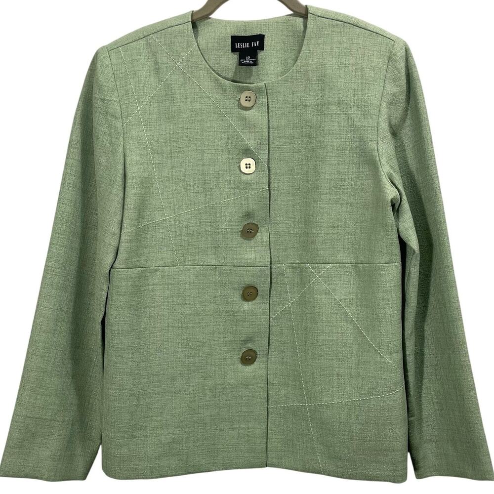 Vintage 90s Leslie Fay Green Boxy Button-Up Cardigan Lightweight Jacket Size 10